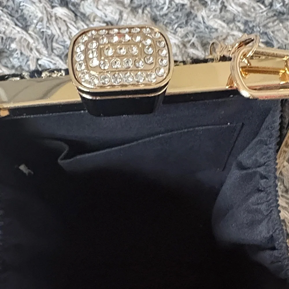 NWOT! Chic Black and Gold Tweed Clutch Gold Hardware with Crystals - Picture 6 of 7